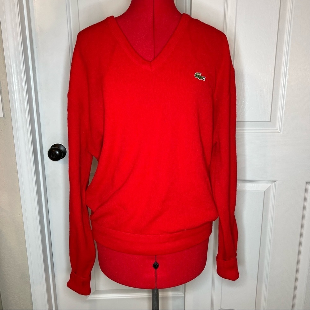 Vintage Izod Lacoste Crocodile Orlon V Neck Red Pullover Knit Sweater Men L